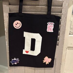 Black Tote Bag with Patches and White 'D'